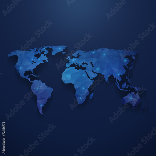 Modern blue world map with 3d polygon pattern and mesh network on a dark blue background. Thin bright blue lines and glowing dots. Conceptual illustration of networks (communication, social, internet)