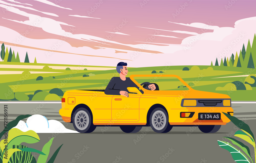 Man driving cabriolet car on road across along nature hills meadow landscape