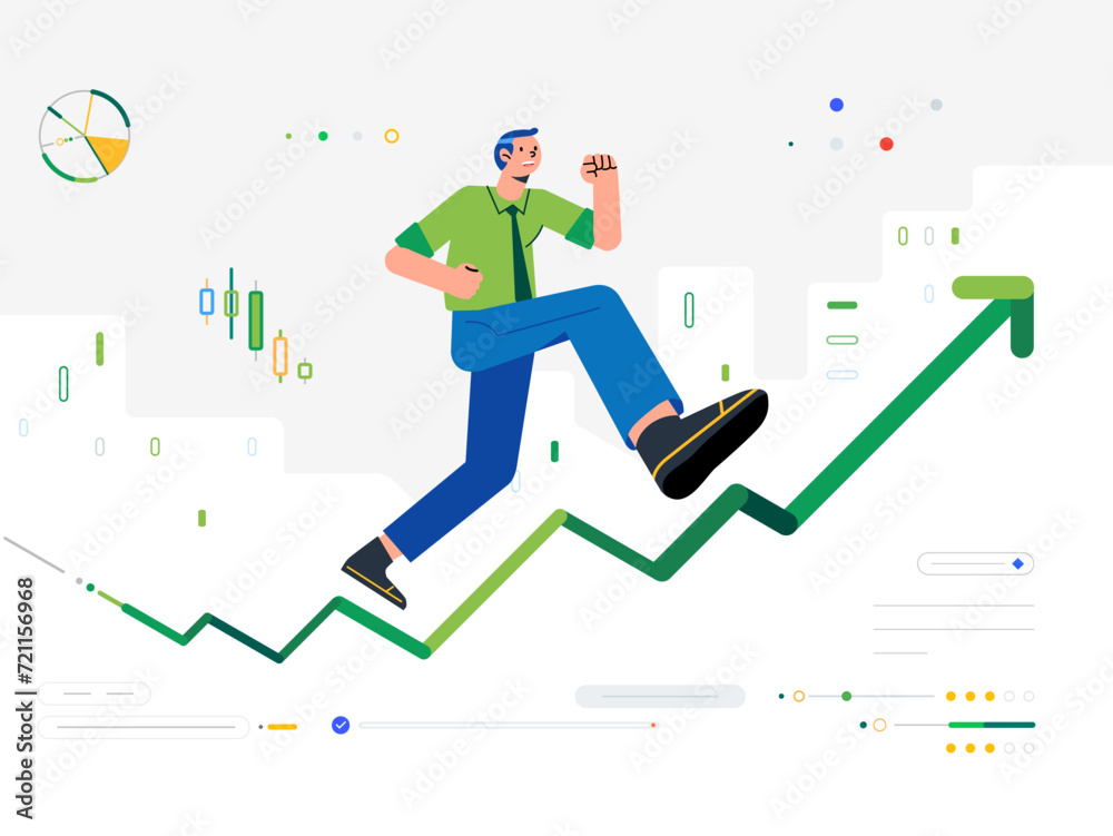 Man running up a business chart arrow graphic that goes upwards grows career Man running up a business chart arrow graphic that goes upwards grows career