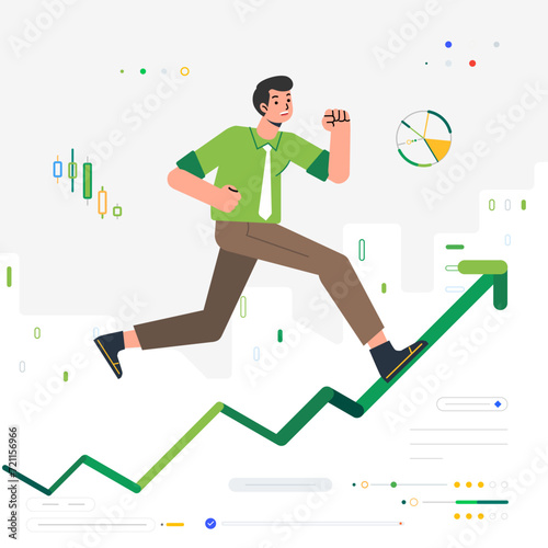 Man running up a business chart arrow graphic that goes upwards grows career