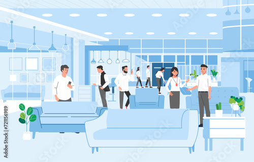 Modern mall interior home furniture store crowd people shopping sofa cabinet