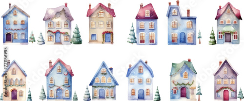 Set of watercolor cute house illustrations on white background.