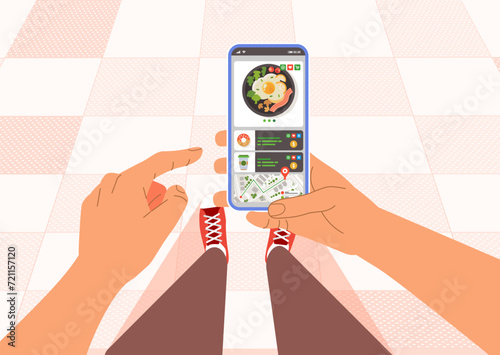 Point of view walking man hand holding looking smartphone with application order food