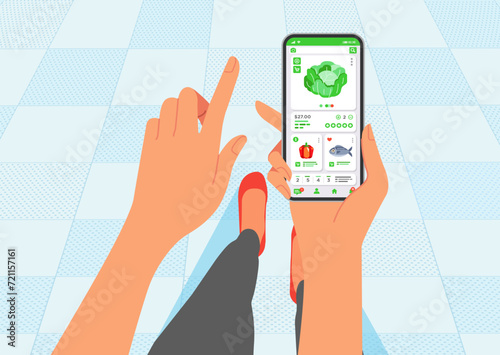 Point of view walking woman hand holding looking smartphone with groceries application
