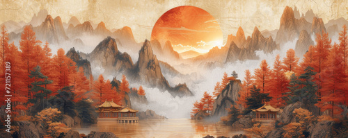  Abstract mountains. Aesthetic watercolor Chinese golden mountain with pavilions background wallpaper. illustration for prints wall arts and canvas.
