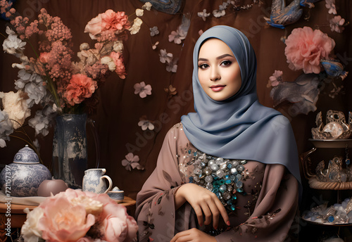 Beautiful asian muslim woman wearing hijab with flower background.