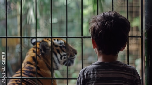 Boy watching tiger in the other side of the cage in the zoo photo
