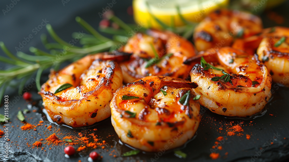 Grilled shrimp with lemon and spices, beautiful serving dishes, restaurant, homemade food, grilled seafood.