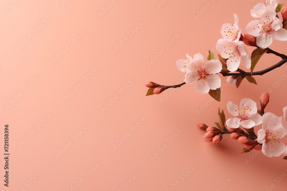 Obraz premium Almond sprig in minimalist style, on peach background, with space for text, banner. Spring postcard.