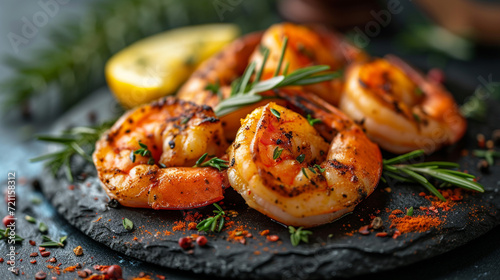 Grilled shrimp with lemon and spices, beautiful serving dishes, restaurant, homemade food, grilled seafood.