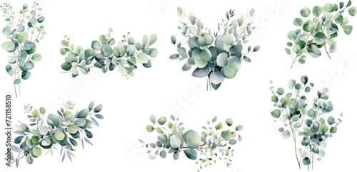 Watercolor green flower with branches isolated on white background.