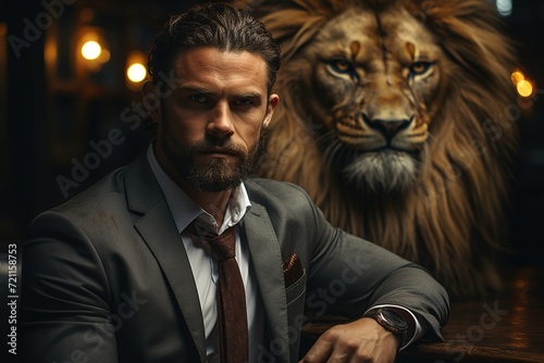 Unshakeable Confidence: A Confident Businessman Meets the Gaze of a Lion, Showing Resilience and Poise in the Face of Adversity © Dejan