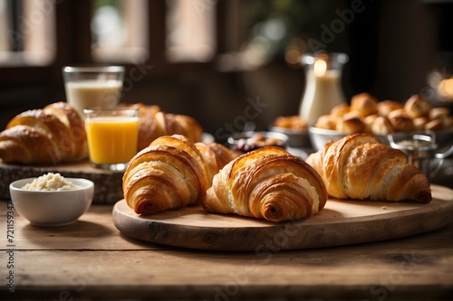 Croissants on a wooden table. 