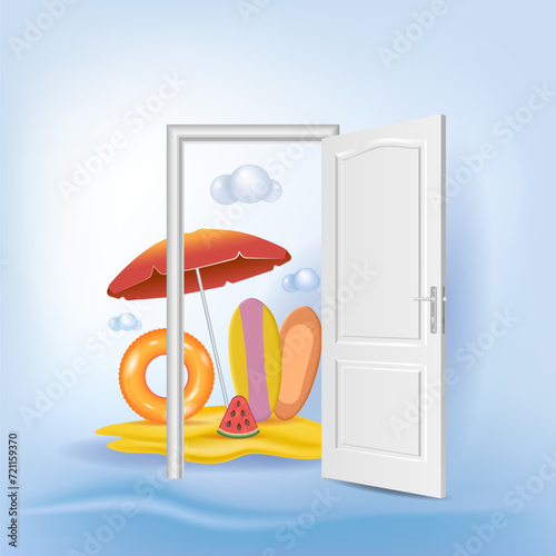 Concepts of summer holidays, open door, travel, sea holidays.
Planning vacations and vacations. 3d vector illustration.