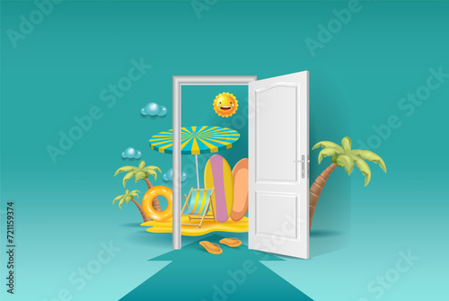 Concepts of summer holidays, open door, travel, sea holidays.
Planning vacations and vacations. 3d vector illustration.