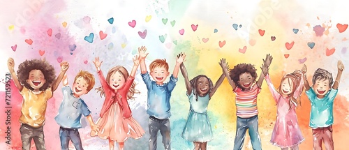 happy multiethnic children raise their arms and hands to a colorful sky full of hearts. Concept back to school illustration.