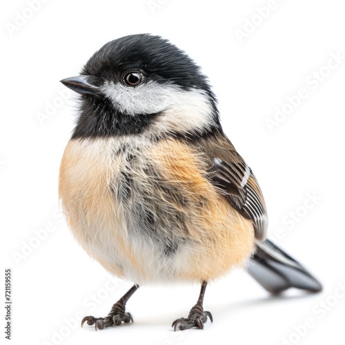 Black-capped Chickadee standing in natural pose isolated on white background, photo realistic