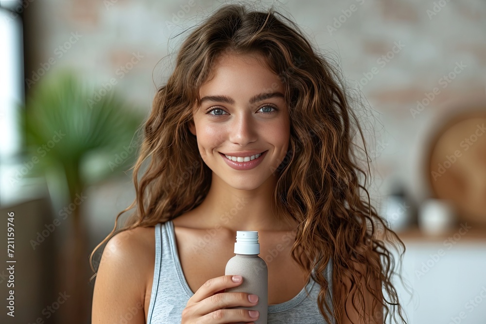Young beautiful woman with skin care product bottle, closeup Young beautiful woman with skin care product bottle, closeup