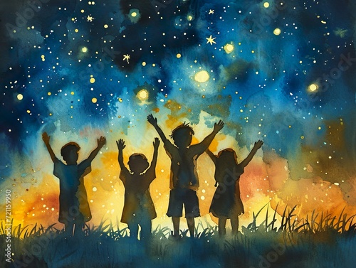 Children raise their arms and hands to the starry sky at night. Concept every child needs a future, charity, volunteer work. Dreams will come true, silhouette illustration.