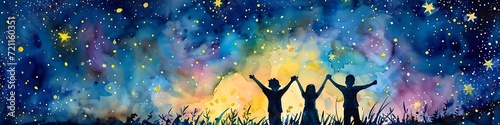 Children raise their arms and hands to the starry sky at night. Concept children need a future, charity,  volunteer work. Multicultural community. People diversity, silhouette illustration photo