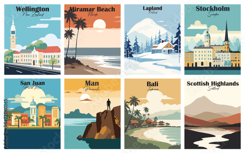 Bali, Indonesia. Lapland, Finland. Man, Peninsula. Miramar Beach, Florida. San Juan, Puerto Rico. Scottish Highlands, Scotland. Stockholm, Sweden. Wellington, New Zealand.