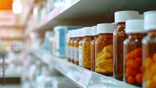 A drug store with medicine bottles lined up beautifully on the shelves. on a blurred background Concept of selling medicines