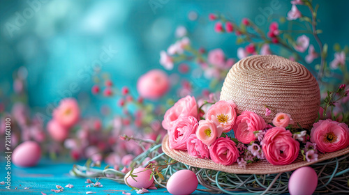 Easter bonnet background with straw hat and flowers with copy space for text.