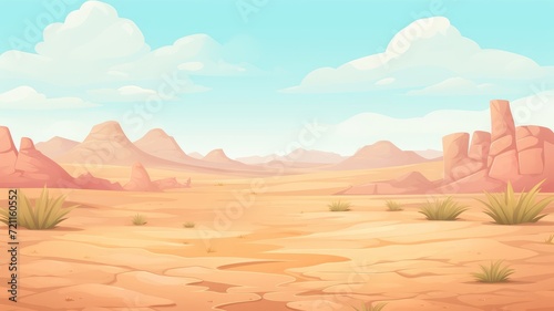 cartoon desert background for a game, featuring sandy terrain, scattered rocks, cacti, and distant pink mountains under a blue sky with fluffy clouds.
