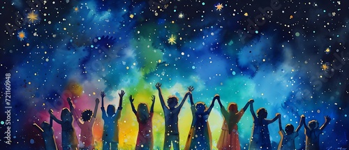 Children raise their arms and hands to the starry sky at night. Concept children need a future, charity,  volunteer work. Multicultural community. People diversity, silhouette illustration. photo