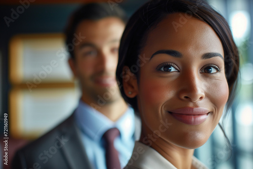 Smiling business man and woman of different races indoors