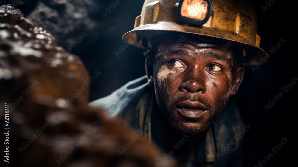 Portrait of a dirty African man working in a Cole mine. Man working a dangerous job in a toxic environment. Low paying job in a harsh environment. African guy exploited as a cheap labor force.