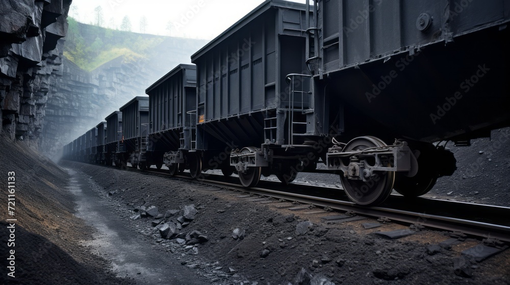 Wagons of charcoal are being transported. Transportation of tons of mined ore from the mines. Coal is transported by the railway system in dark wagons.