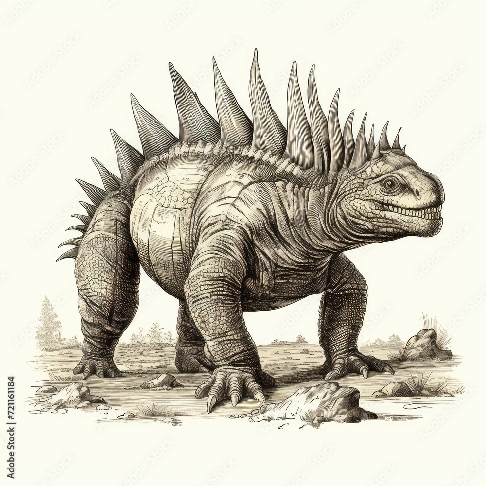 Fototapeta premium Dinosaur Sketch, Hand Drawn Sketched Stegosaurus Dino, Engraving Dinosaurs, Ink Jurassic Monster