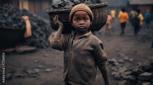 Dirty African kids working in a Cole mine. Children are on a dangerous job in a toxic environment. African child labor in harsh conditions. Child labor concept. Cheap African workers. photo