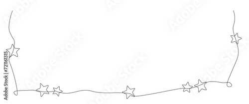 One continuous line drawing of Christmas frame and border with stars. Festive break line with flourish pattern in simple linear style. Vector illustration