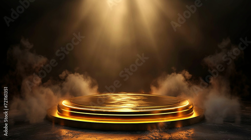 Golden podium on a dark background with smoke. Empty pedestal for the award ceremony. The platform is illuminated by spotlights. Made with generative ai