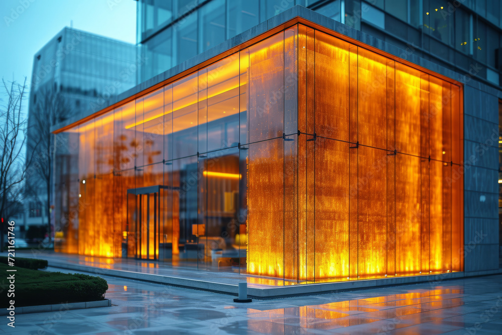 An architectural facade illuminated with gold gels, emphasizing the structure’s features. Concept of architectural lighting and enhancement. Generative Ai.