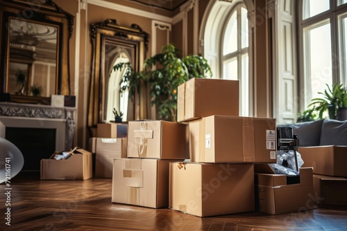 Stack of cardboard boxes with household belongings on wooden floor in living room of old classical style house. Moving to new home, relocation, homestaging, removals and delivery, Generative AI © Morningmaze