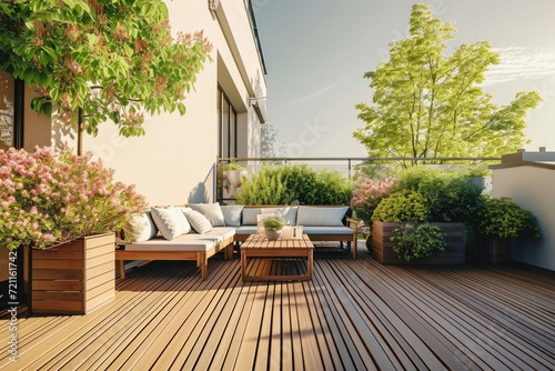 Beautiful of modern terrace with wood deck flooring, green potted flowers plants and outdoors furniture. Cozy relaxing area at home back yard. Sunny stylish balcony terrace in the, Generative AI photo