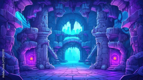 cartoon mystical and atmospheric dungeon entrance magical glow, with stone walls adorned with glowing runes.