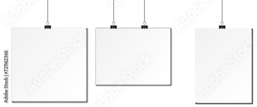 Blank A4 posters hanging list with shadows. Hanging white paper on binders. stock vector photo