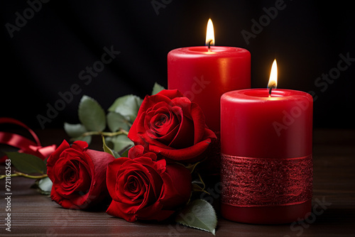 Red roses and candles on wooden table. Valentines day background.