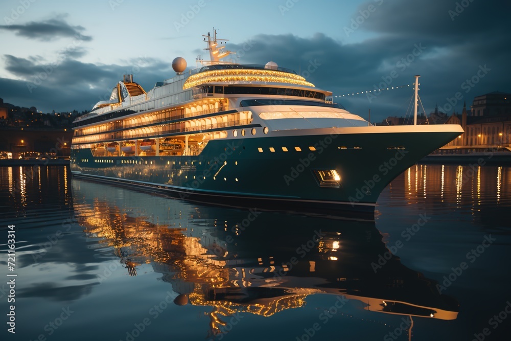 Obraz premium Oceanic Opulence: A Touristic Cruise Ship Yacht Sails Through the Sea, Redefining Vacation Luxury with Every Wave it Gracefully Encounters