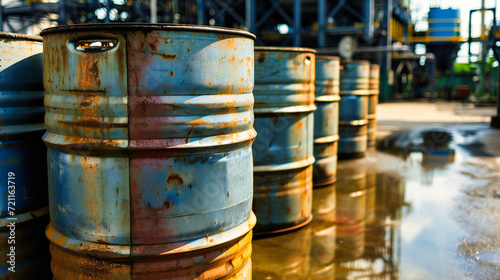 Industrial Oil Barrels, Rusty Metal Drums for Chemical Storage, Environmental Pollution Concept