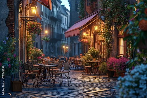 Cafe in the cozy morning lighted square .
