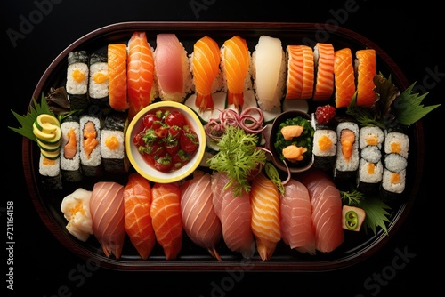 A tray of assorted sushi.