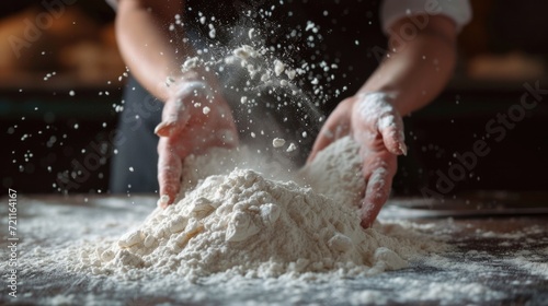 Cropped photo of an anonymous woman's hands sprinkling flour on the flour pile before kneading it © ArtBox