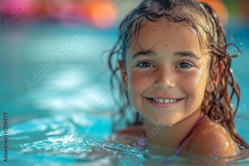A pretty little girl is swimming in the pool