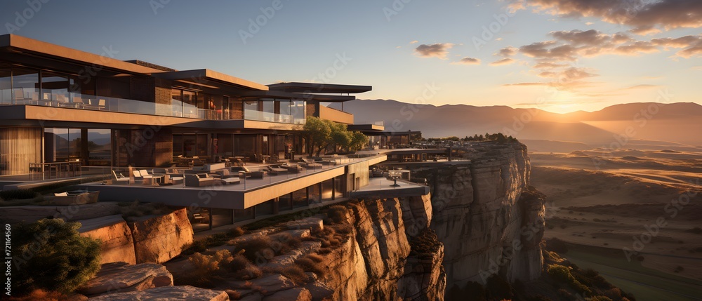 A luxurious cliffside hotel with modern architecture, terraces, and an infinity pool overlooking a misty valley
