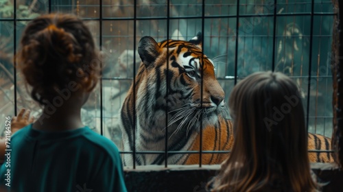 Girl watching tiger in the other side of the cage in the zoo photo